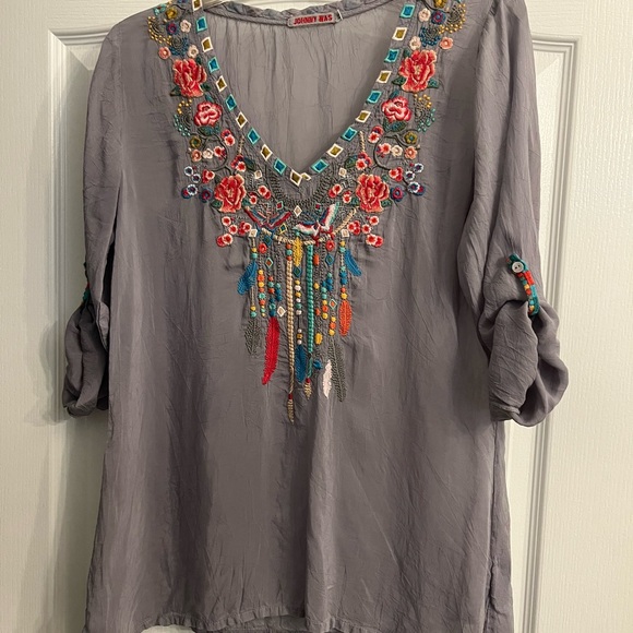 Johnny Was Tops - Johnny Was Charcoal Blouse with Colorful Embroidery